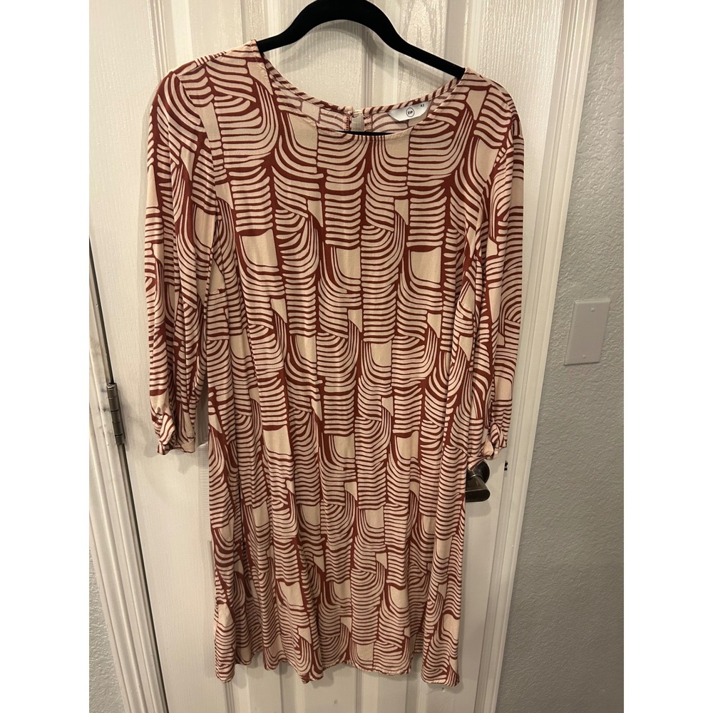 ZIP Shift Dress Rust Cream Geometric Arch Print‎ 3/4 Sleeve Mod Casual 42